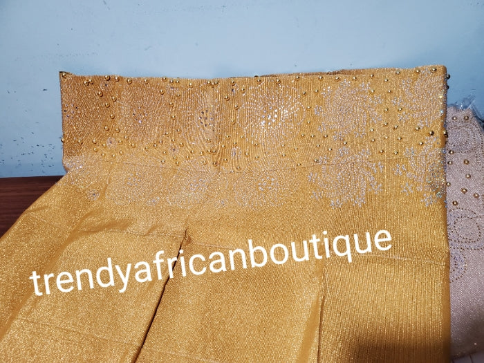 New arrival classic Gold Bedazzled Aso-oke Gele headtie.  4 wide for making  bigger gele. classic Latest design of Nigerian Traditional aso-oke. Original aso-oke + Stone work. Great texture and easy to make into stylish gele