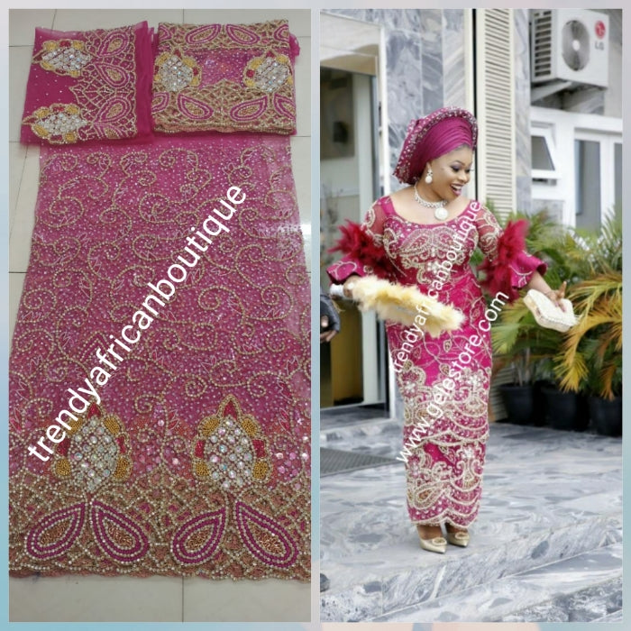 Bonus sale: Exclusive fully loaded Super quality Hot pink  VIP Madam Net George wrapper for Nigerian bridal/Celebrant outfit.  all over hand beaded + crystal stones 2.5yds+ 2.5yds + 1.8yds + bedazzled aso-oke gele. Sold as a set.