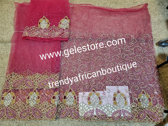 Bonus sale: Exclusive fully loaded Super quality Hot pink  VIP Madam Net George wrapper for Nigerian bridal/Celebrant outfit.  all over hand beaded + crystal stones 2.5yds+ 2.5yds + 1.8yds + bedazzled aso-oke gele. Sold as a set.