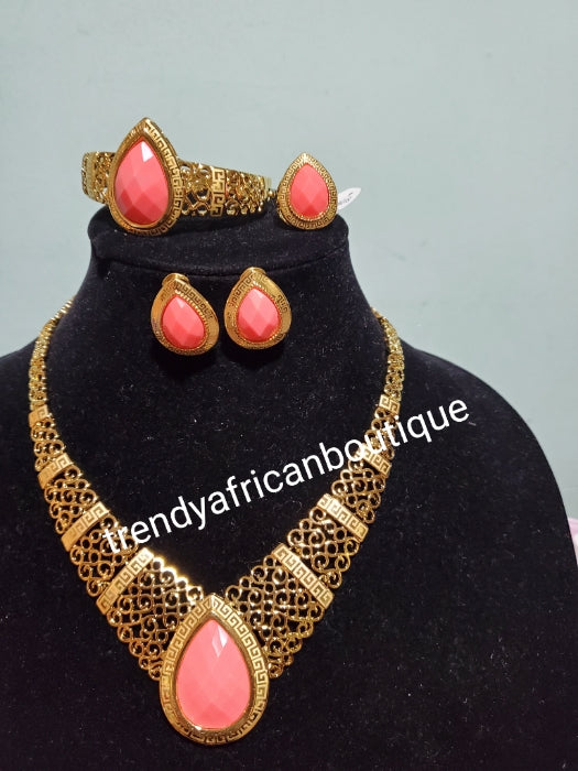 18k gold-plated high quality 4pcs necklace set. Jewelry Choker set for church and party wear. Coral bead stone set.  Necklace, earrings,ring, & bangle. High quality & hypoallergenic plating