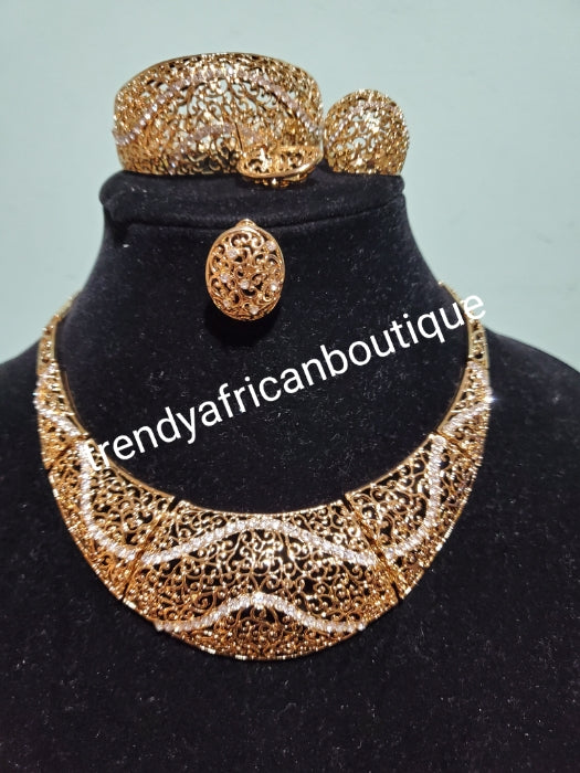 18k gold-plated high quality 4pcs necklace set. Jewelry Choker set for church or party wear. Necklace, earrings,ring, & bangle. High quality & hypoallergenic plating