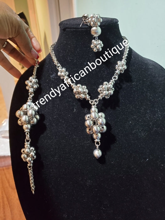 silver plated high quality 3pcs necklace set. Jewelry set for church and party wear. Cluster bead Necklace, earrings, & bracelet. High quality & hypoallergenic plating. Open ring for easy adjustment