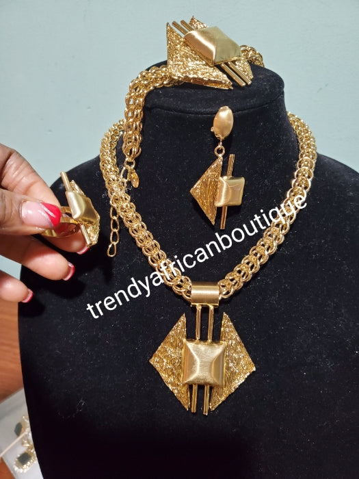 18k gold-plated high quality 4pcs necklace set. Jewelry set for church and party wear. Bold Necklace, earrings,ring, & bangle. High quality & hypoallergenic plating. Open ring for easy adjustment