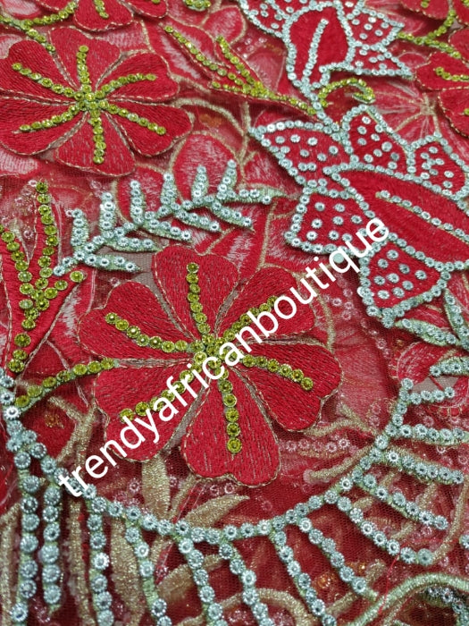 Bonus sale: New arrival of Pepper Red VIP Net enbriodery + hand stoned George Wrapper. Dazzling crystal stones in Full 5yds + 2yards matching net + bonus 4yds Red Lining. Quality net. Do not miss this offer!! .purchase with  red Aso-oke gele is optional