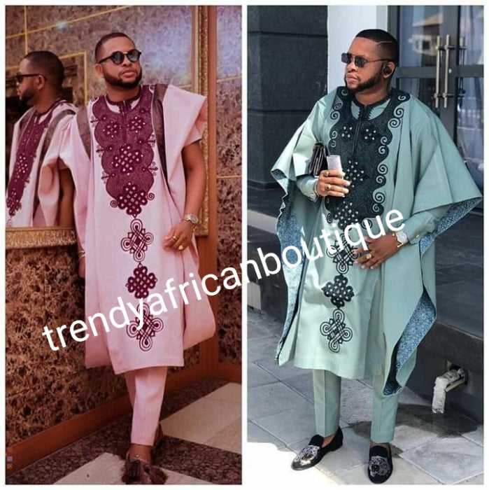 Choose your Color: Agbada set for men. made-to-order Nigerian Traditional embriodered quality senator material for Men/Groom. Custom-made design. Can be produce in any color combinations of your choice. 4pcs set agbada, inner top and bottom + cap. set.