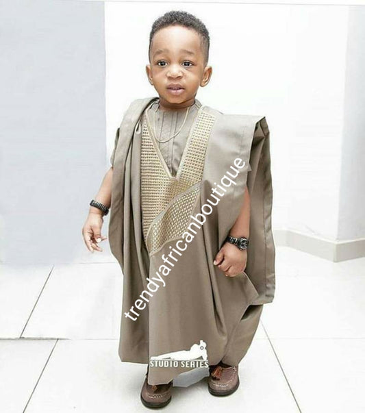 Choose your Color: Young  boys Agbada set Ages 2 to 8yrs made-to-order Nigerian Traditional embriodered quality senator material. Custom-made design. Can be produce in any color of your choice. 4pcs set agbada, inner top and bottom + cap. set.