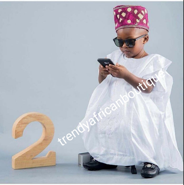 Choose your Color: Young  boys Agbada set Ages 2 to 8yrs made-to-order Nigerian Traditional embriodered quality senator material. Custom-made design. Can be produce in any color of your choice. 4pcs set agbada, inner top and bottom + cap. set.