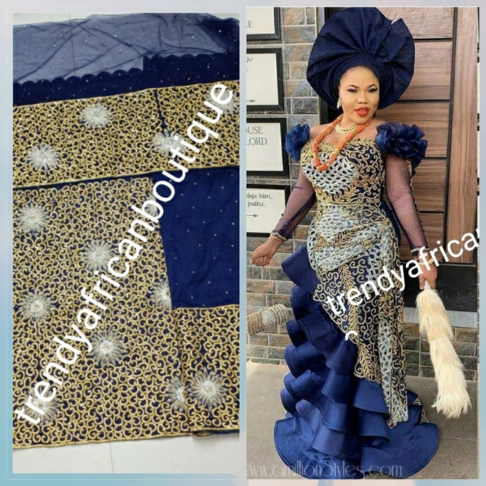 Sale: Ready to ship: Navy blue/Gold first Lady/ VIP Nigerian Celebrant Silk George wrapper. All over hand cut with gold crystal stones in flower design. 2 wrapper (2.5yd each) + 1.8yds net for blouse. Niger/Igbo/delta bridal outfit wrapper