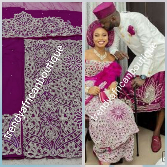 Ready to ship: Magenta VIP/Celebrant Supper quality Silk George Wrapper for High society Ceremony. Niger/Igbo/Delta women wrapper comes with 1.8yes net for matching blouse. Nigerian Traditional outfit. Hand stoned with silver dazzling crystals