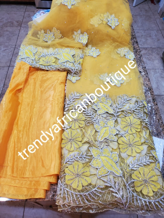 Ready to ship: Sweet Yellow color VIP Madam Net George wrapper for Nigerian Bridal outfit. All over embriodery + crystal stoned 5 yards net + 1.8yds matching net for blouse + free matching lining 4yds. Nigeria traditional weddings/event