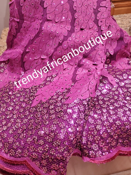 Beautiful Magenta french lace fabric with all over sequence. Great quality. Sold per 5yds. Model shown wearing real green color