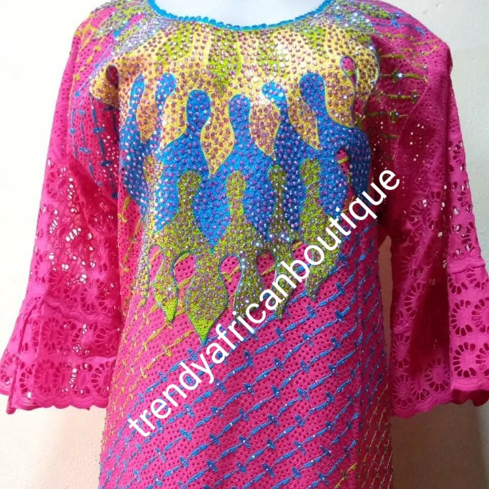 sale: 3pc set. Pink/blue swiss lace-kaftan+ pink inner + headtie. beautiful chest Senegalese bubu Embriodery + Swarovski stones embellishment to perfection! Fit Burst 48", gown  lenght 60" shoulder to floor, sleeve lenght 17" classic and  must have!