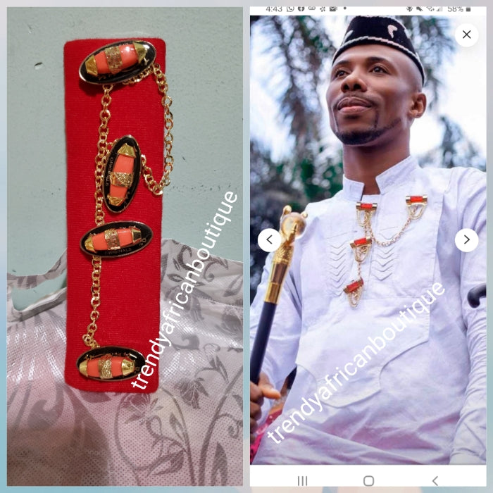 Nigerian men pin botton for men,  groom-accessories for isi-agu or men shirt outfit. Quality Coral in gold plated chain. Can be use with Atiku men  top.