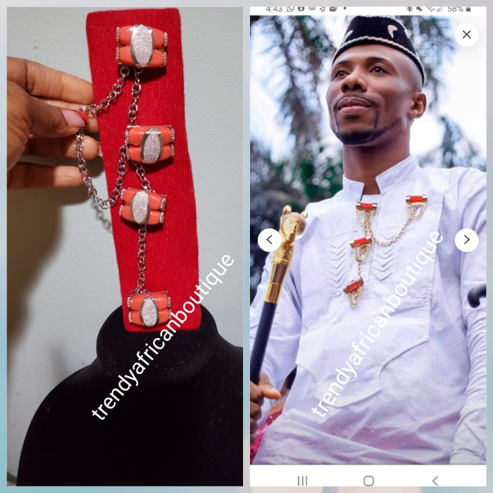 Nigerian men coral/silver accent  pin botton for men,  groom-accessories for isi-agu shirt outfit. Quality Coral in silver plated chain. Can be use with Atiku men  top or any African traditional wear.