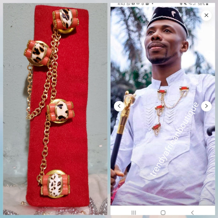 Nigerian men pin botton for men,  groom-accessories for isi-agu shirt outfit. Quality Coral in gold plated chain. Can be use with Atiku men  top.