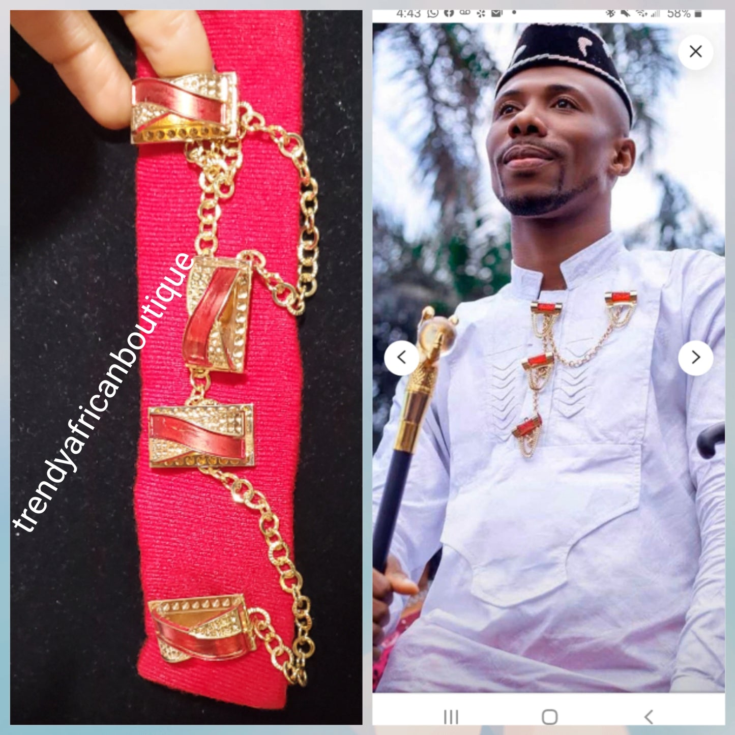 Nigerian men red pin botton for men,  groom-accessories for isi-agu/shirt outfit. Quality red stone with gold plated chain. Can be use with Atiku men  top or any African traditional wear.