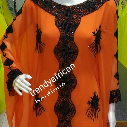 Dubai kaftan free flowing dress. 2 piece set Orange/black beaded and stoned. Available in M, L and XXL. Beaded and stones chiffon kaftan for evening dress