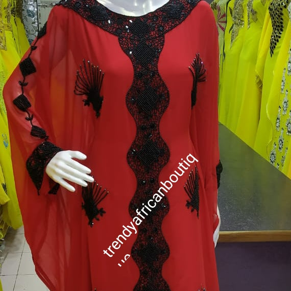 Dubai kaftan free flowing dress. 2 piece set Red/black beaded and stoned. Available in L and XXL. Beaded and stones chiffon kaftan for evening dress