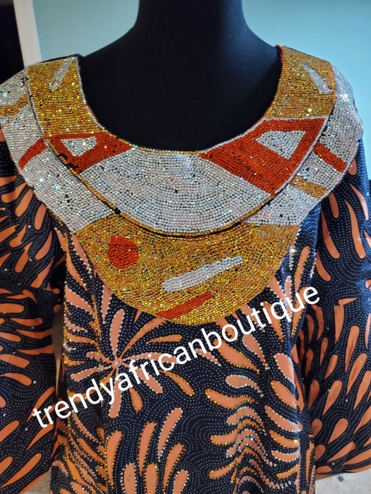 Swarovski stoned Ankara-kaftan, long free flowing  dress embellished with shinning Swarovski stones to perfection! Fit Burst 48" and Full lenght 60". Made with Quality Ankara/stoned work.
