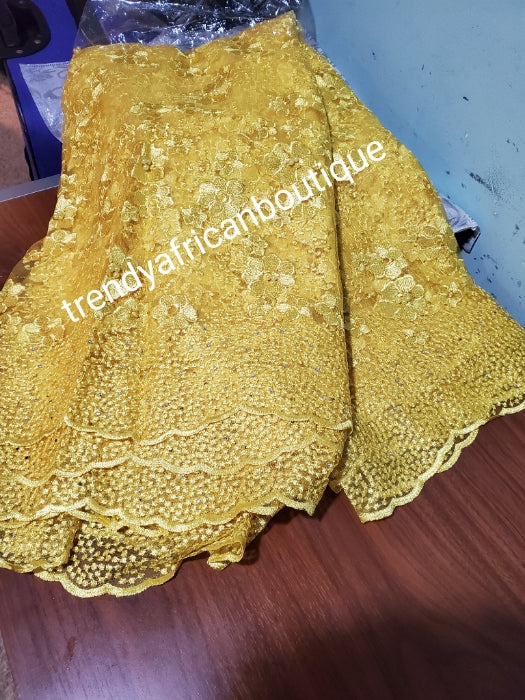 Clearance: sweet yellow flower net French lace fabric. Soft texture, beautiful yellow color. Great quality, great price. Sold per 5yds, price is for 5yds.