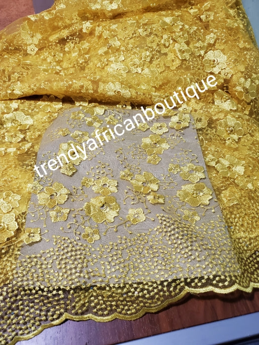 Clearance: sweet yellow flower net French lace fabric. Soft texture, beautiful yellow color. Great quality, great price. Sold per 5yds, price is for 5yds.