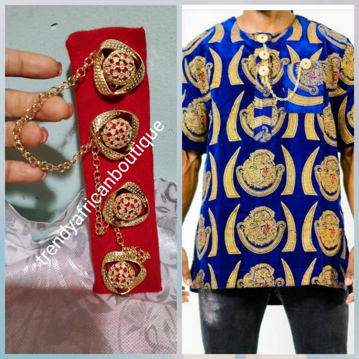 Nigerian men gold plated with red crystal stones pin botton for men,  groom-accessories for isi-agu shirt outfit. Quality Coral in gold plated chain. Can be use with Atiku men  top.
