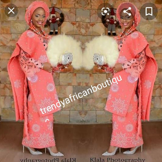 Exclusive Custom-made 4pcs women Aso-oke set for Traditional wedding Bride/CELEBRANT   Full hand cut Buba to perfection. Beaddazzled hand stoned wrapper, gele/Ipele. Coral pink color shown here, can be made in any color of your choice. Made-to-order.