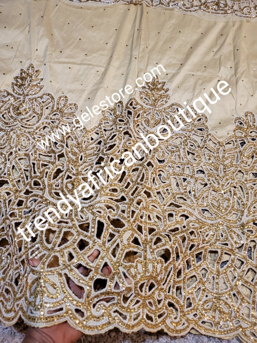 Ready to ship. Pure GOLD Original Quality VIP all over shining Crystal stoned George wrapper. Igbo/delta/Niger Bridal George wrapper is 2.5yds + 2.5yds  + 1.8 yds matching net for blouse. Feel the difference in quality Taffeta crystal stoned wrapper