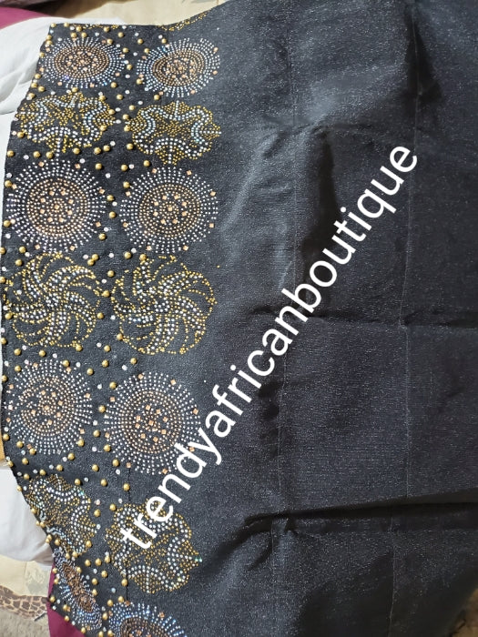 Pure Black Bedazzled aso-oke. Nigerian woven traditional Aso-oke for making  beautiful head wrap. Beaded and Swarovski stones work for perfect headwrap finish. Gele only. Extra wide gele for bigger head wrap. 72" long × 26" wide