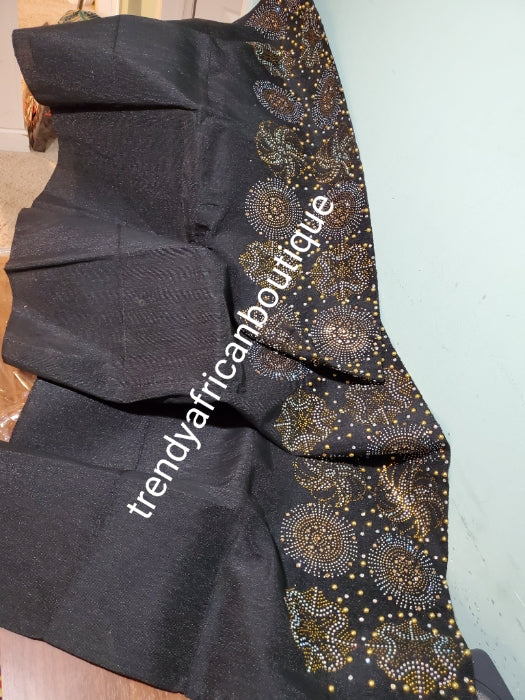 Pure Black Bedazzled aso-oke. Nigerian woven traditional Aso-oke for making  beautiful head wrap. Beaded and Swarovski stones work for perfect headwrap finish. Gele only. Extra wide gele for bigger head wrap. 72" long × 26" wide