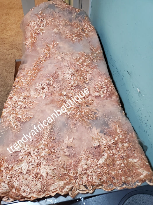 Sale sale: sweet peach embriodery, beaded and stoned net french lace fabric. For making Bridal outfit or aso-ebi dresses. Sold per 5yds. Nigerian/African french lace. soft Luxurious fabric