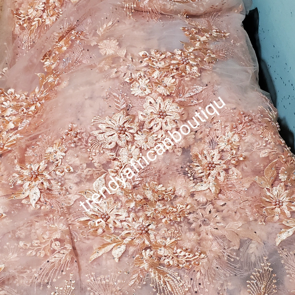 Sale sale: sweet peach embriodery, beaded and stoned net french lace fabric. For making Bridal outfit or aso-ebi dresses. Sold per 5yds. Nigerian/African french lace. soft Luxurious fabric