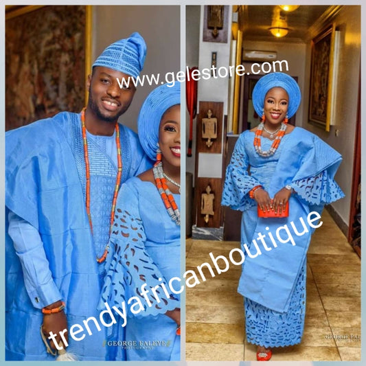 Choose your color! Bride laser cut Aso-oke set + groom embriodered Agbada  set. Custom-made. Make-to-order only. Quality Nigerian aso-oke-Can be order as a set for bride & Groom or for individual. 6-8 weeks for production. Traditional wedding outfit