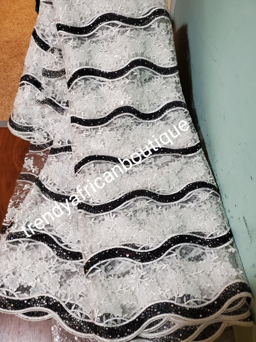 Clearance Organza white/black African French Lace Fabric. Unique Fully beaded amd stoned/ richly design for that special Ocassion. Embellished with sequence and stones for Nigerian big party