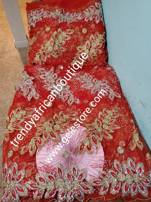 Produce-per-order: fully hand made embroidery net, embellished with beads and crystal stones for that Red carpet Nigerian Bridal ball gown. Sold in 6.5 full Yards. Igbo Traditonal wedding George Wrapper  6-8 weeks to produce color of your choice