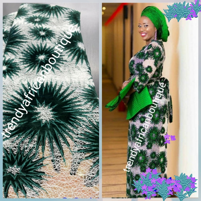 Ready to ship: White/green french lace fabric.soft texture + velvet. latest design. Sold per 5yds. Nigerian/African french lace for making party outfit, soft Luxurious fabric. Sold per 5 yards lenght.. aso-ebi order welcome