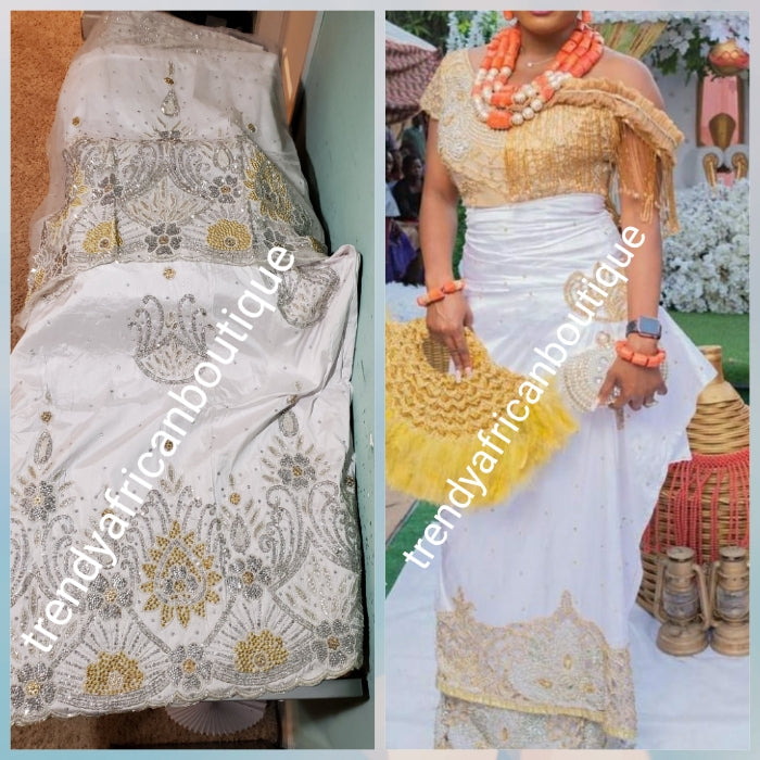 Bonus Sale: Pure White/White Quality taffeta silk hand beaded and stoned George wrapper. Nigerian Bride beautiful in White George wrapper. Sold as a set of 2 wrapper + 1.8yds  Net for blouse. Niger/delta/Igbo traditional bridal outfit
