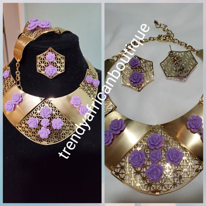 Classic Gold/lilac  4pc. 18k Gold plated Omega necklace set. Include matching earrings, Bangle and open ring for easy adjustments. Hypoallergenic African necklace set for party and church wear