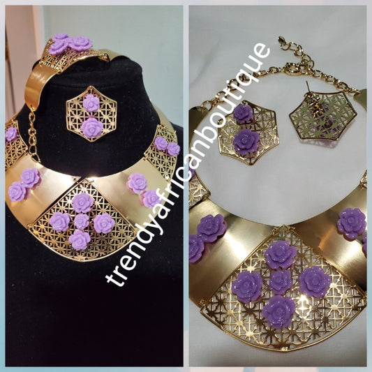 Classic Gold/lilac  4pc. 18k Gold plated Omega necklace set. Include matching earrings, Bangle and open ring for easy adjustments. Hypoallergenic African necklace set for party and church wear
