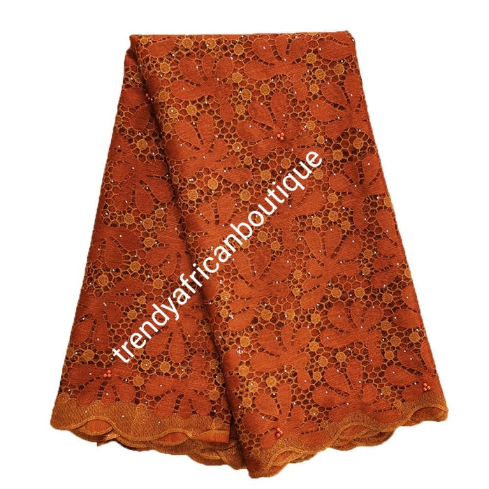 Special price: Ready to ship, Gorgeous Burnt Orange super quality French lace fabric. Soft luxurious cut beaded and stoned to perfection. Need aso-ebi, contact us directly