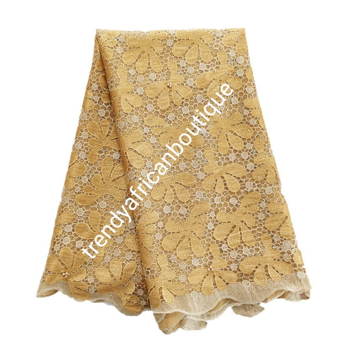 Special price: Ready to ship, Gorgeous gold/beige super quality French lace fabric. Soft luxurious cut beaded and stoned to perfection. Need aso-ebi, contact us directly