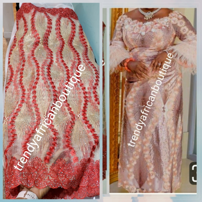 New arrival Coral/Champagne gold African French lace fabric embellished with dazzling crystal stoned Net french lace. Sold per 5yds length.  Aso-ebi order  available per request in your color is choice.