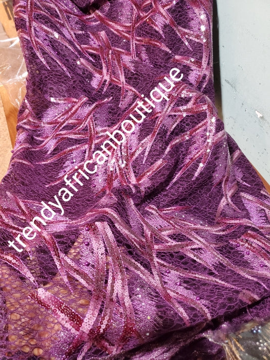 Sale: soft purple African net  French lace fabric embellished with sequence and beads. Sold per 5yds length.  Aso-ebi order and discount available