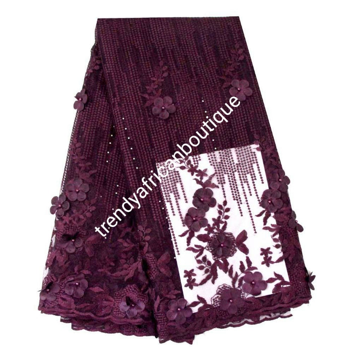 Sale: Sweet Plum  french lace fabric with stones and flower petals. Sold per 5yds. Nigerian/African french lace for making party outfit, soft Luxurious fabric