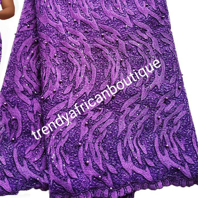 Sale: Beautiful purple  all over embroidery french lace fabric, beaded and stoned.  Sold per 5yds. Nigerian/African french lace for making party outfit, soft Luxurious fabric. Shipping is free within U.S.A