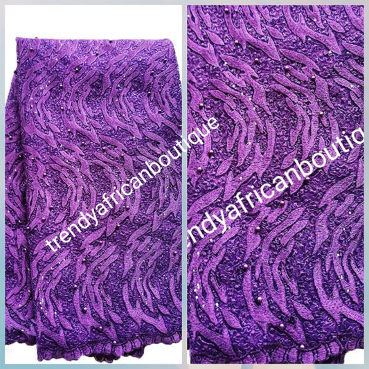 Sale: Beautiful purple  all over embroidery french lace fabric, beaded and stoned.  Sold per 5yds. Nigerian/African french lace for making party outfit, soft Luxurious fabric. Shipping is free within U.S.A