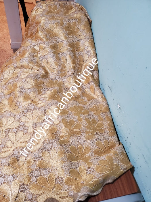 Special price: Ready to ship, Gorgeous gold/beige super quality French lace fabric. Soft luxurious cut beaded and stoned to perfection. Need aso-ebi, contact us directly