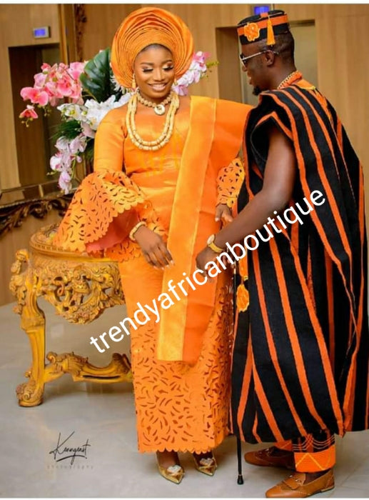 Choose your color! Bride laser cut Aso-oke set + groom embriodered Agbada  set. Custom-made. Make-to-order only. Quality Nigerian aso-oke-Can be order as a set for bride & Groom or for individual. 6-8 weeks for production. Traditional wedding outfit