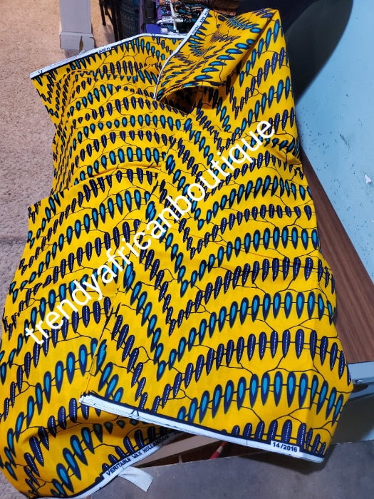 Yellow African  Ankara wax print. 100% cotton fabric for making African dresses and more, Sold per 6 yards, price is for 6yards