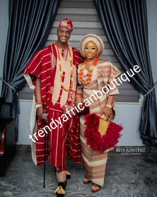 Wine + Champagne Swarovski crystal Bridal set. Custom-made design. Make-to-order only. Aso-oke set for man and woman. Can be order for individual only or complet set for couple. 6-8 weeks for production. Nigerian Traditional wedding outfit